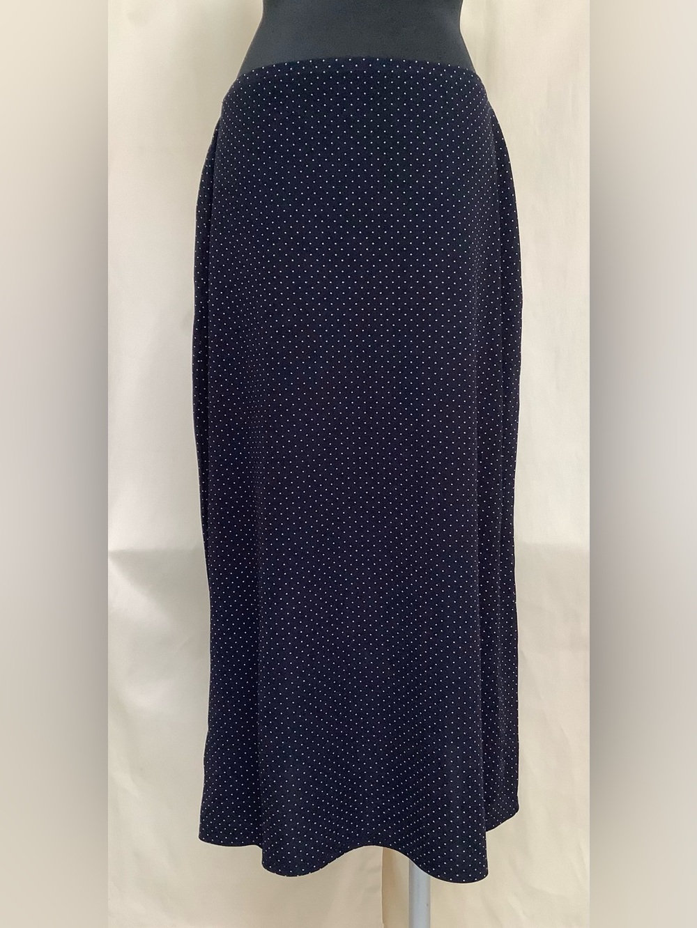 Josephine Chaus Studio Stretch Midi Skirt-Blue w/White Polka Dots-Rayon-Flowy-S